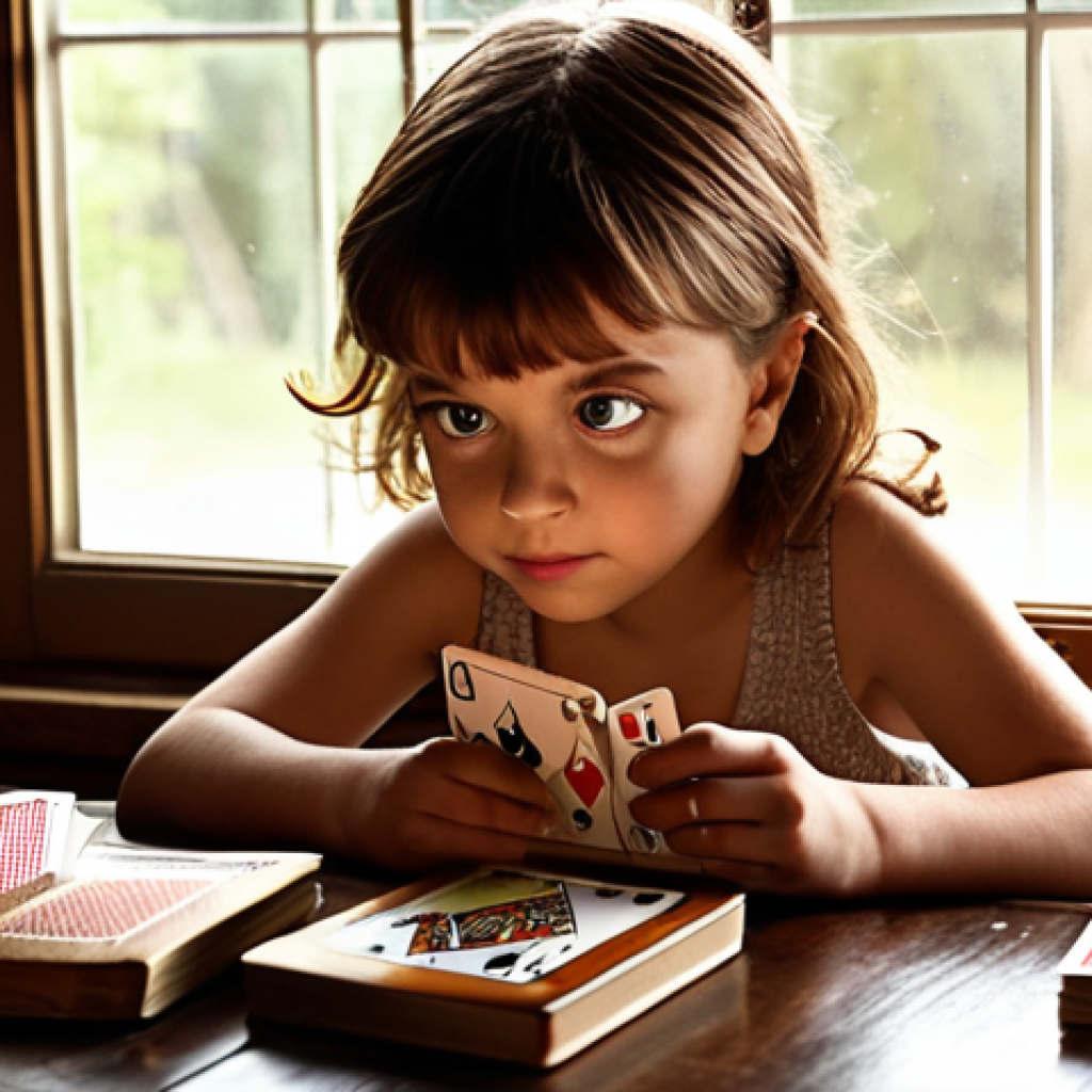 **Prompt 1: The Spark of Wonder**
    "A young child, wide-eyed with innocent wonder, looking at their reflection in a mirror while attempting a simple magic trick with a basic deck of playing cards. An open, slightly worn magic book rests on a nearby table, illuminated by a warm, inviting light from a window. The scene captures the beginning of a magical journey, filled with curiosity and awe, in a cozy home setting."