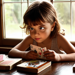 **Prompt 1: The Spark of Wonder**
    "A young child, wide-eyed with innocent wonder, looking at their reflection in a mirror while attempting a simple magic trick with a basic deck of playing cards. An open, slightly worn magic book rests on a nearby table, illuminated by a warm, inviting light from a window. The scene captures the beginning of a magical journey, filled with curiosity and awe, in a cozy home setting."