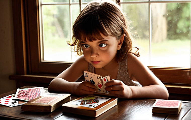 **Prompt 1: The Spark of Wonder**
"A young child, wide-eyed with innocent wonder, looking at their reflection in a mirror while attempting a simple magic trick with a basic deck of playing cards. An open, slightly worn magic book rests on a nearby table, illuminated by a warm, inviting light from a window. The scene captures the beginning of a magical journey, filled with curiosity and awe, in a cozy home setting."
