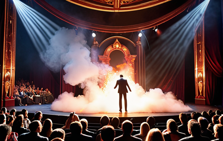 **
A dazzling magic show stage. Pyrotechnics explode as a magician vanishes in a cloud of smoke, reappearing elsewhere on stage, amidst dynamic lighting. The audience is captivated.
**