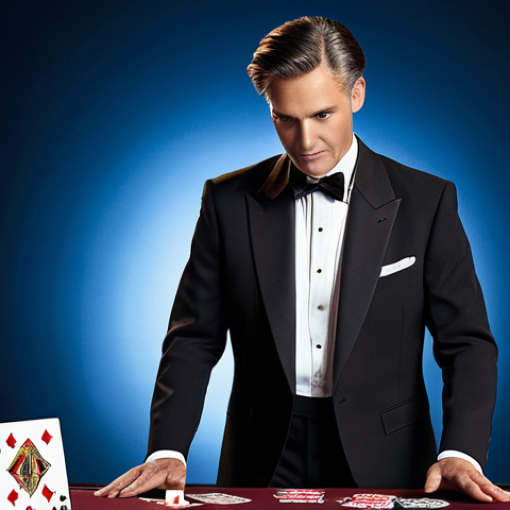 "A professional magician in a classic tuxedo, performing a card trick on a well-lit stage with elegant mise-en-scène, fully clothed, appropriate attire, safe for work, perfect anatomy, natural proportions, stage lighting, professional photography, high quality, modest."