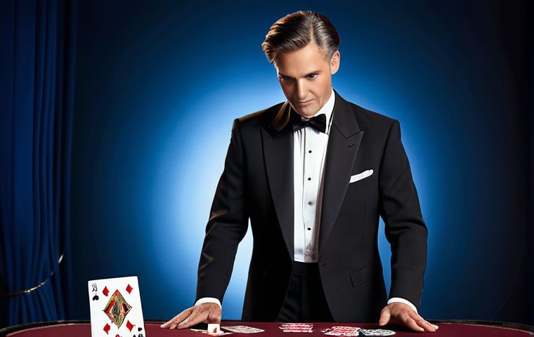 "A professional magician in a classic tuxedo, performing a card trick on a well-lit stage with elegant mise-en-scène, fully clothed, appropriate attire, safe for work, perfect anatomy, natural proportions, stage lighting, professional photography, high quality, modest."