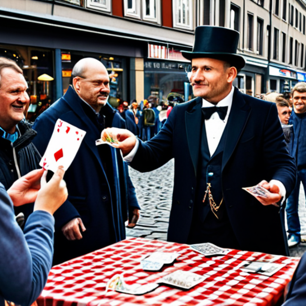 마술 카드와 트릭 종류 - Street Magician in Hamburg**

A street magician performing a card trick on the Hamburger Fischmarkt,...