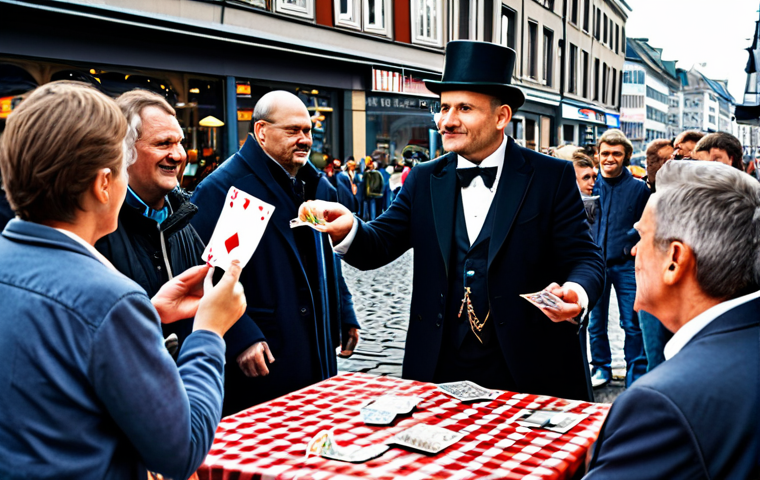 마술 카드와 트릭 종류 - Street Magician in Hamburg**

A street magician performing a card trick on the Hamburger Fischmarkt,...
