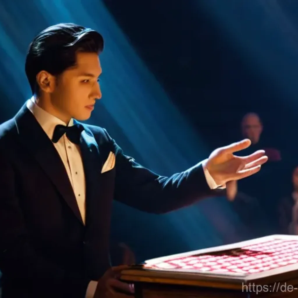 마술 공연의 기법과 기획 - **Prompt:** A charismatic male magician, mid-thirties, dressed in a sharp, dark suit with a subtle p...