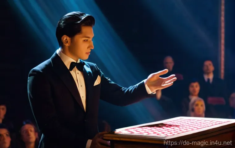마술 공연의 기법과 기획 - **Prompt:** A charismatic male magician, mid-thirties, dressed in a sharp, dark suit with a subtle p...
