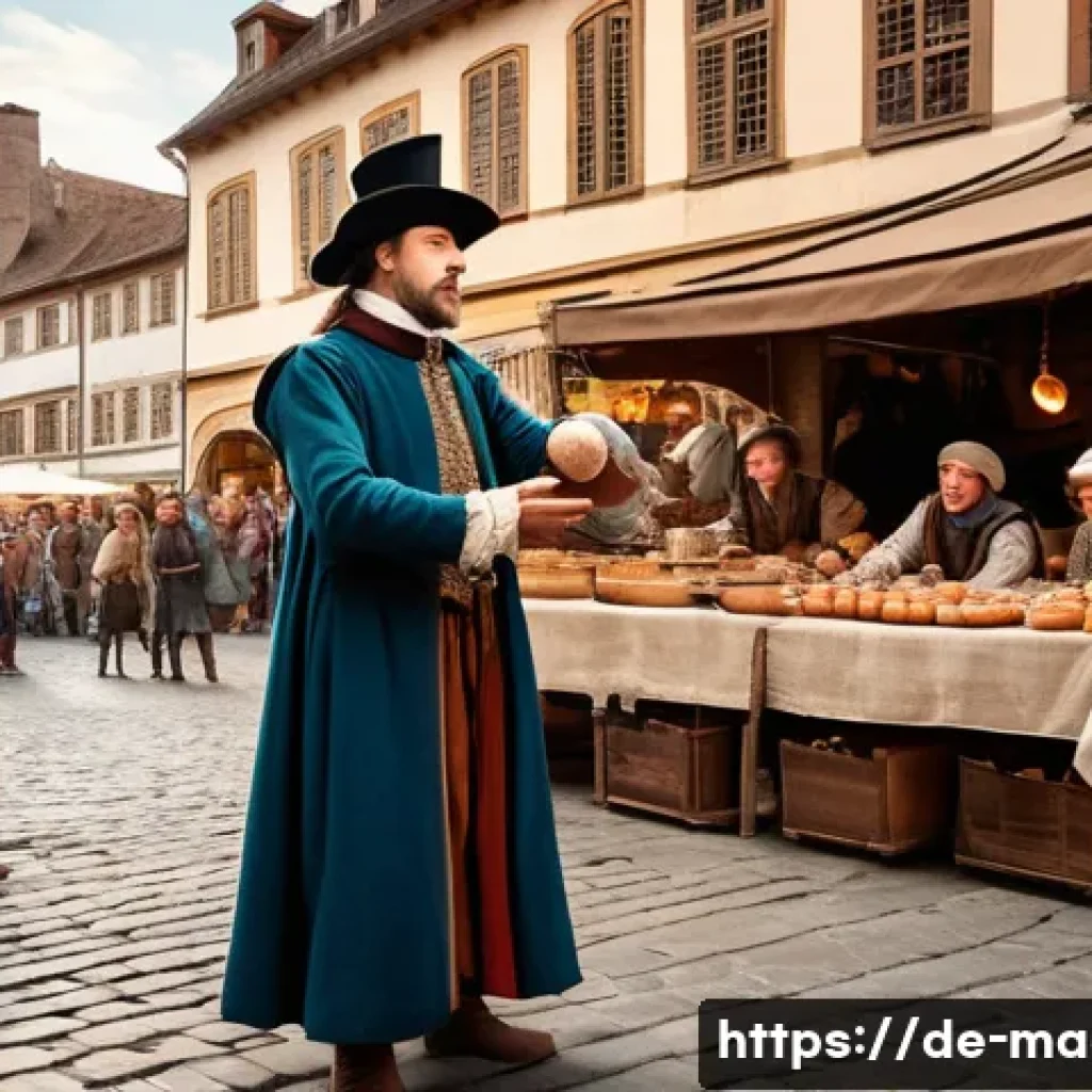 마술의 발전 과정 - A detailed scene of a medieval street magician performing a classic cup and ball trick in a bustling...