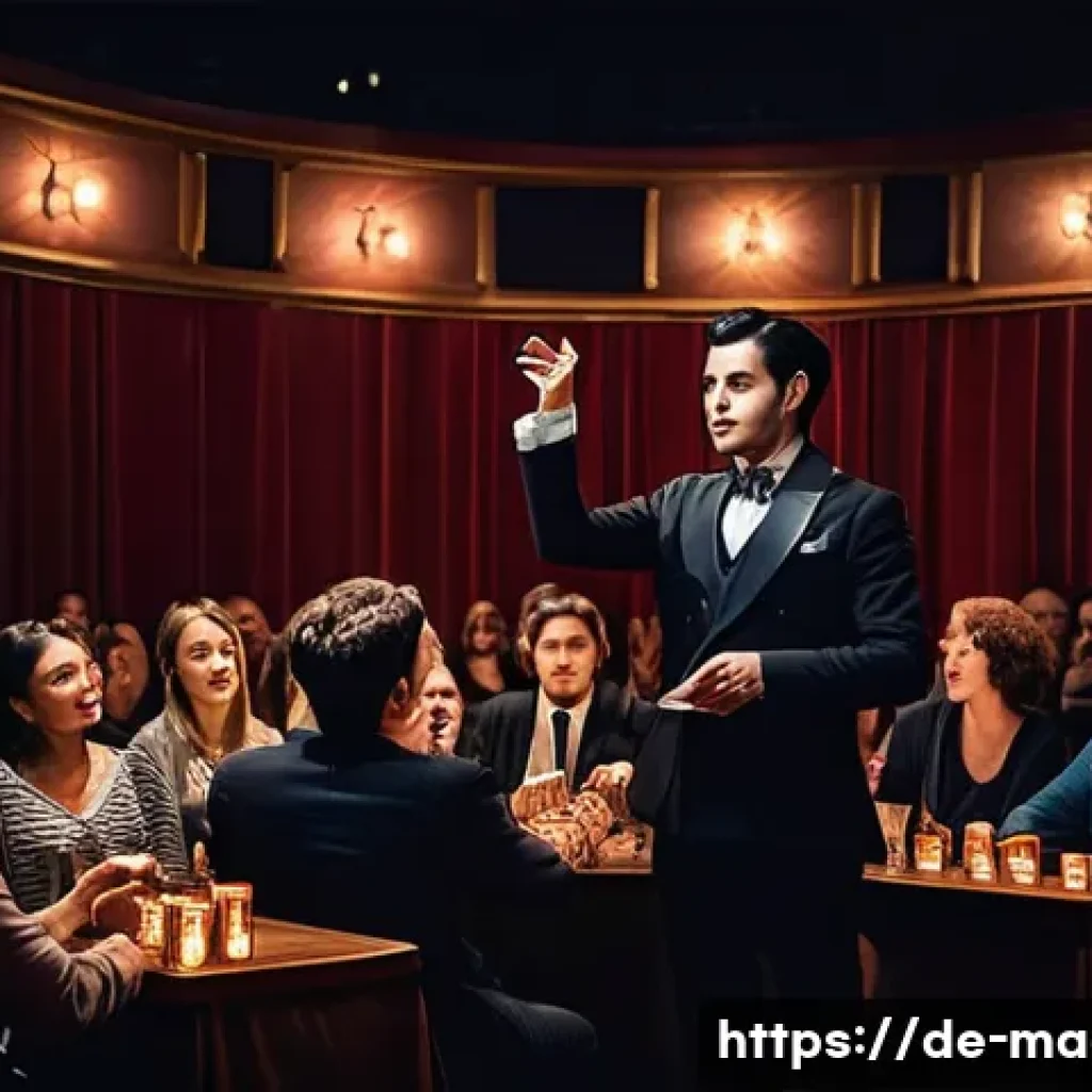 마술을 위한 장소와 무대 - A cozy, small theater interior with warm, focused lighting highlighting a magician performing close-...