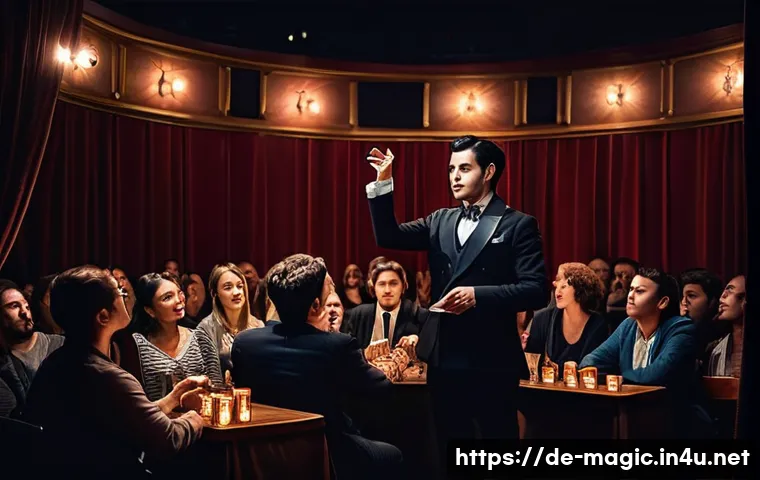 마술을 위한 장소와 무대 - A cozy, small theater interior with warm, focused lighting highlighting a magician performing close-...