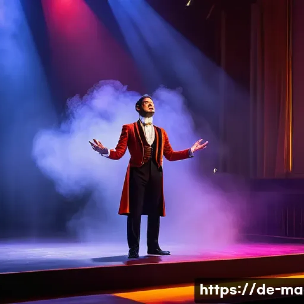 마술을 위한 음악과 조명 - A sophisticated magician performing on a small stage illuminated by warm red and orange LED lights, ...