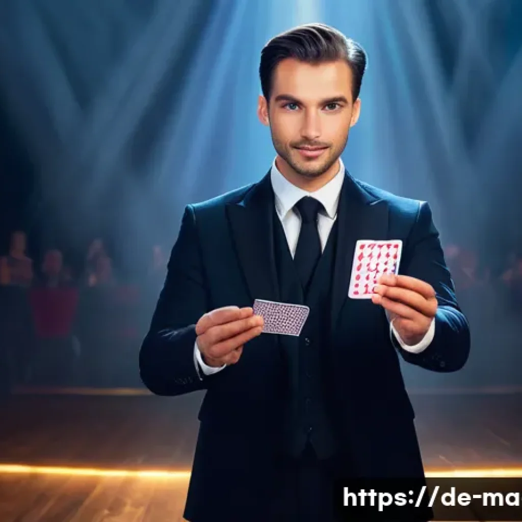 마술 실전 팁 - A professional magician performing a close-up card trick on a small stage in front of an attentive G...