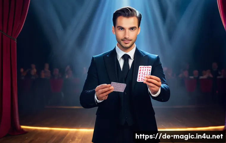 마술 실전 팁 - A professional magician performing a close-up card trick on a small stage in front of an attentive G...