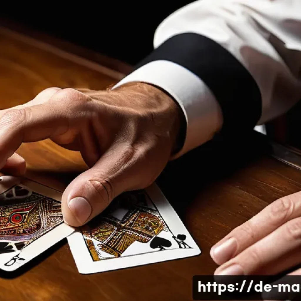 마술 전문서적 - A professional magician performing intricate card manipulation on a wooden table, showcasing flawles...
