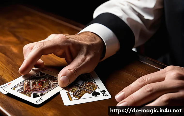 마술 전문서적 - A professional magician performing intricate card manipulation on a wooden table, showcasing flawles...