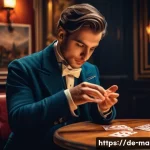 마술 기법을 이해하는 법 - A skilled magician performing a close-up card trick on a small stage in a cozy German café, dressed ...