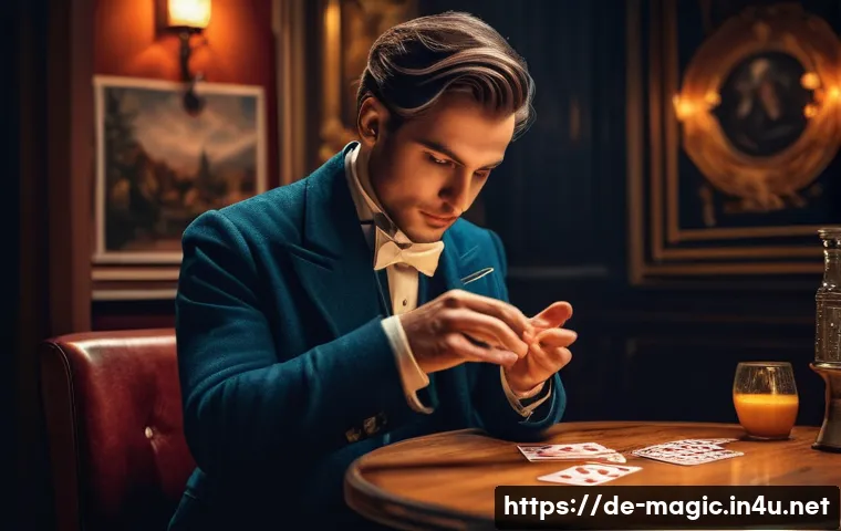 마술 기법을 이해하는 법 - A skilled magician performing a close-up card trick on a small stage in a cozy German café, dressed ...