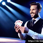 마술 공연을 잘하는 법 - A confident magician on stage in a modern theater setting, wearing elegant dark trousers, a crisp wh...