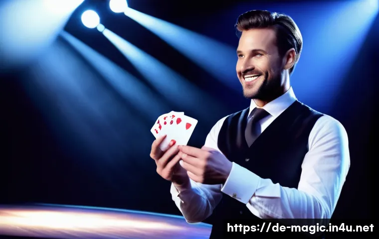 마술 공연을 잘하는 법 - A confident magician on stage in a modern theater setting, wearing elegant dark trousers, a crisp wh...