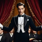 마술 역사 속 인물 - A dramatic scene of a vintage magician’s stage in early 20th century London, featuring a male illusi...