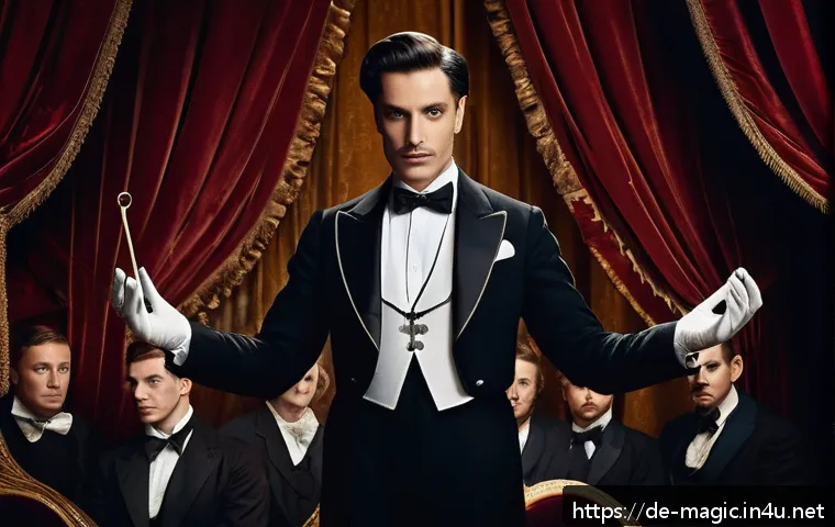 마술 역사 속 인물 - A dramatic scene of a vintage magician’s stage in early 20th century London, featuring a male illusi...