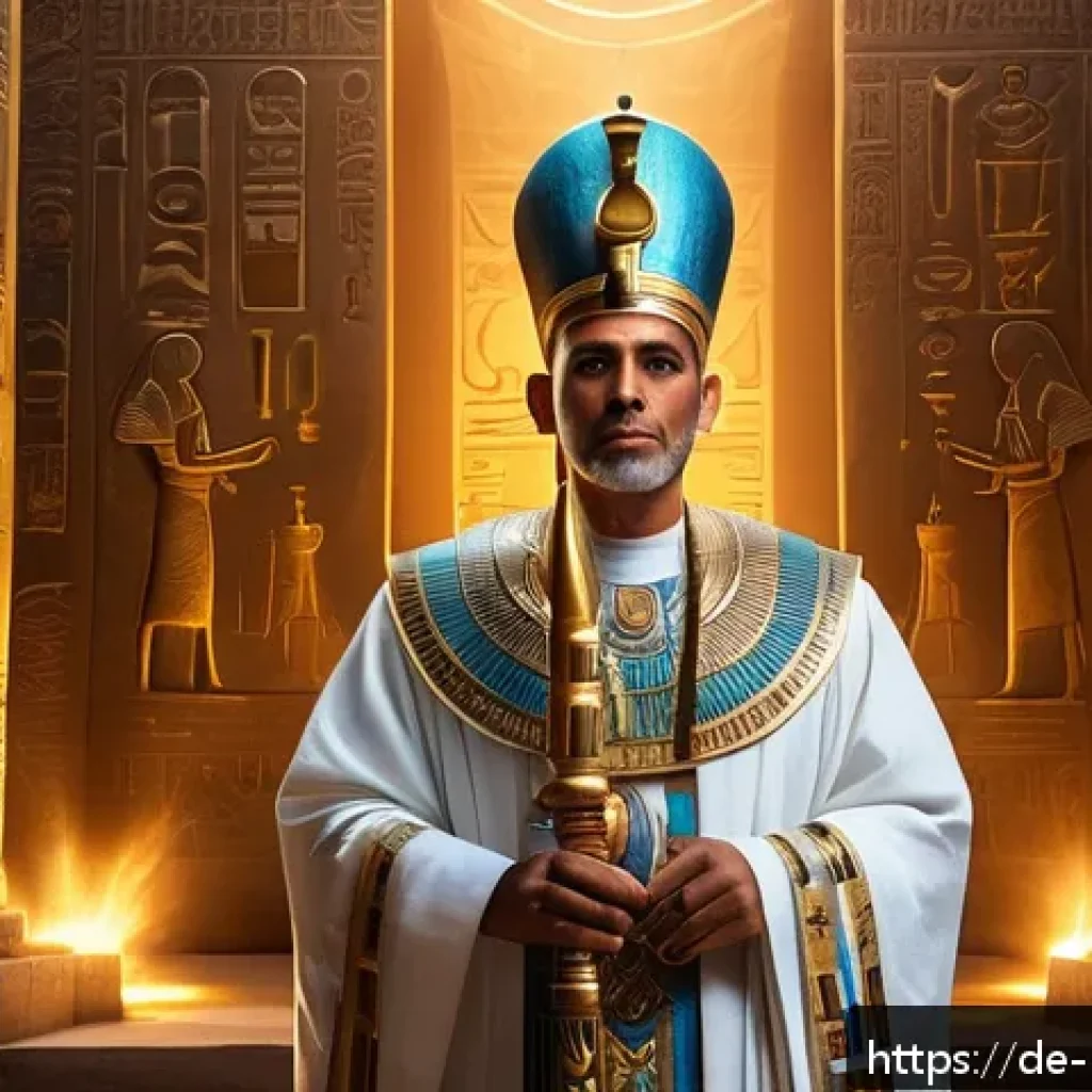 마술 최초 발명자 - A majestic ancient Egyptian priest dressed in elaborate linen robes and adorned with golden jewelry,...