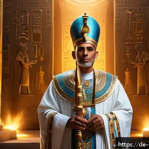 마술 최초 발명자 - A majestic ancient Egyptian priest dressed in elaborate linen robes and adorned with golden jewelry,...