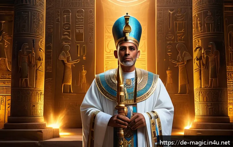 마술 최초 발명자 - A majestic ancient Egyptian priest dressed in elaborate linen robes and adorned with golden jewelry,...