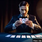 마술 관련 영상 편집법 - A professional magician performing an elegant card trick on a stage bathed in cool blue and warm gol...