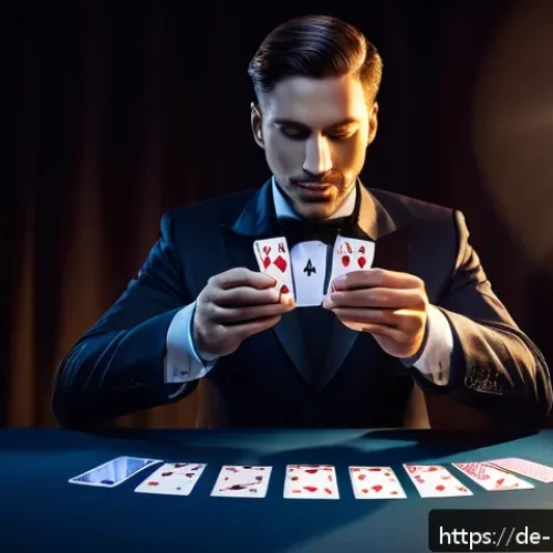 마술 관련 영상 편집법 - A professional magician performing an elegant card trick on a stage bathed in cool blue and warm gol...