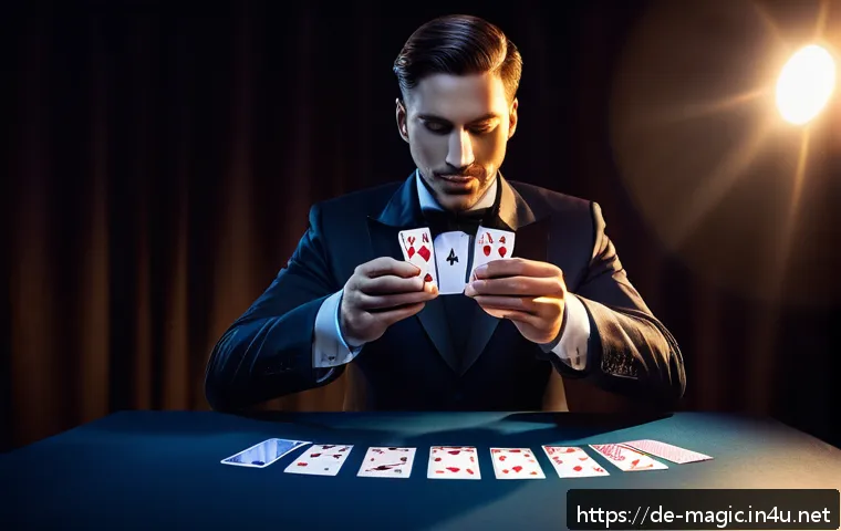 마술 관련 영상 편집법 - A professional magician performing an elegant card trick on a stage bathed in cool blue and warm gol...