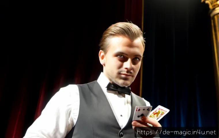 마술 프로페셔널 레벨 - Photorealistic professional stage magician in an elegant black waistcoat and crisp white shirt, perf...