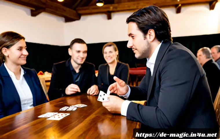 마술 동호회 - Photorealistic evening magic club gathering in a cozy German community hall, diverse adult members s...