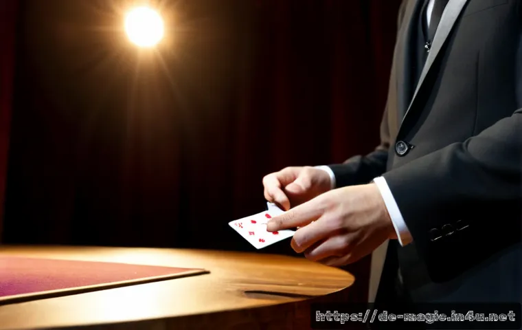 마술의 매력적인 요소 - Photorealistic close-up of a skilled stage magician in an elegant black suit, hands gracefully revea...