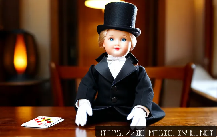 Home 17 마술 인형 - Photorealistic antique magician doll seated on a polished wooden table in a cozy German living room,...